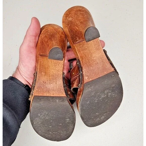 Vintage 90s y2k Bratz MIA Brown Leather Wood Sole Slides Heeled Sandals 7 EUC - Picture 8 of 8